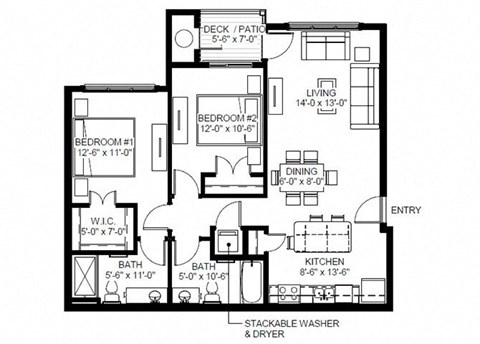 Floor plan for 2 beds, 2 baths, 1067 sqft